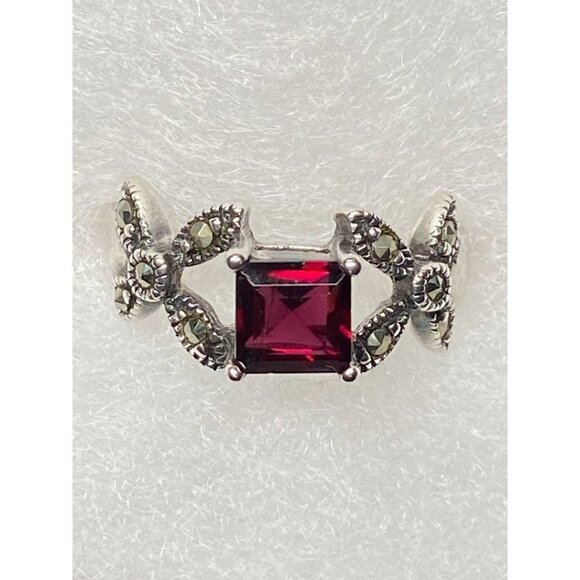 FAS 925 Vintage Deep Pink Square Cut Tourmaline Ring SZ 6 with Marcasite Flowers - Picture 1 of 8